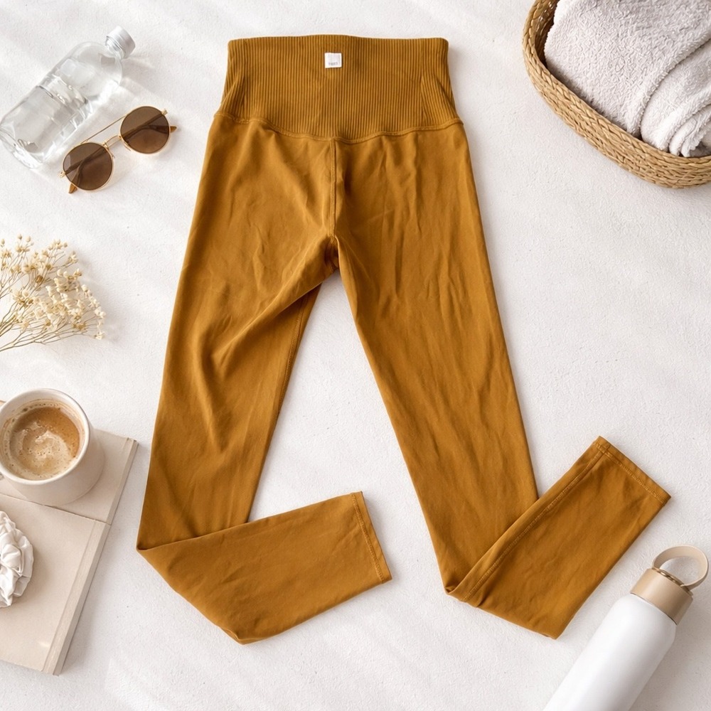 Vuori Rib Studio Leggings Womens Small Turmeric Mustard Yellow VW428 High Rise